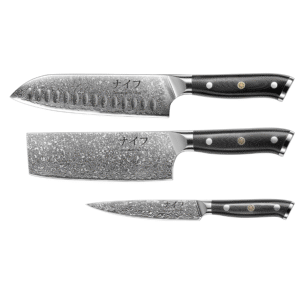 Damascus by Hâws Santoku knife 32 cm + Nakiri knife 30 cm + Utility knife 24cm G10