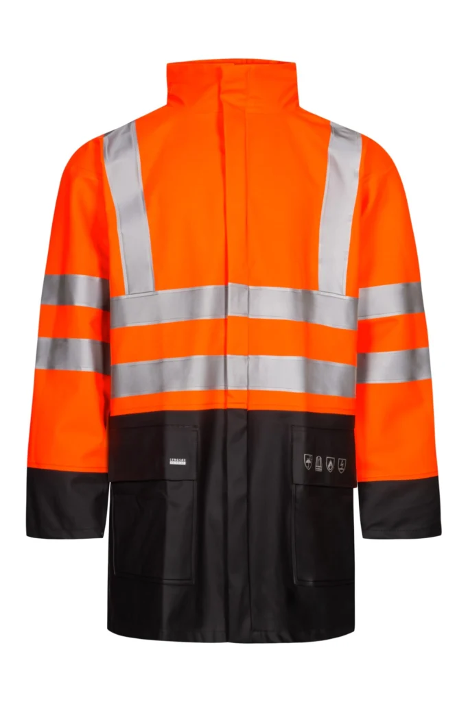 Brandhæmmende Hi-Vis regnjakke i kraftig PU/PVC kvalitet