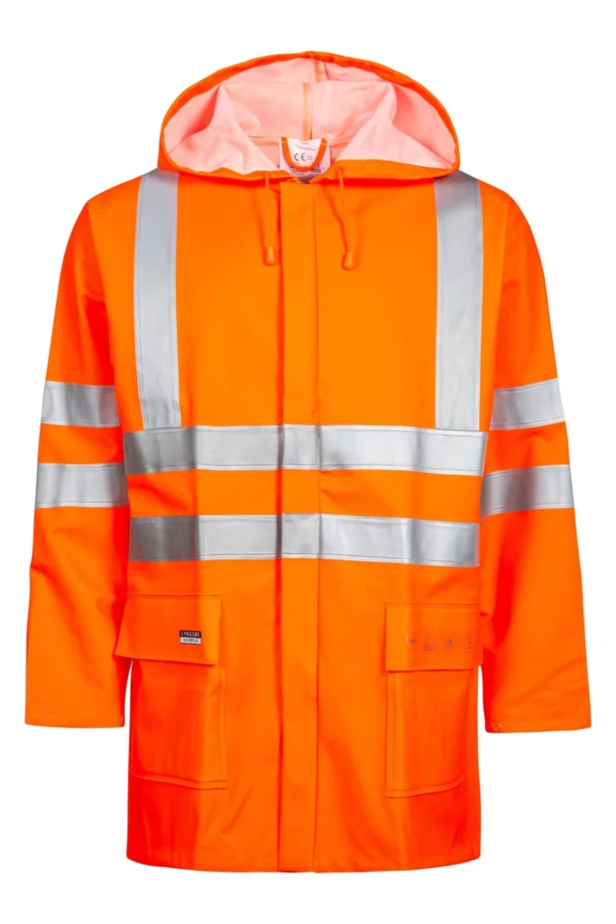 Brandhæmmende Hi-Vis regnjakke i kraftig PU/PVC kvalitet