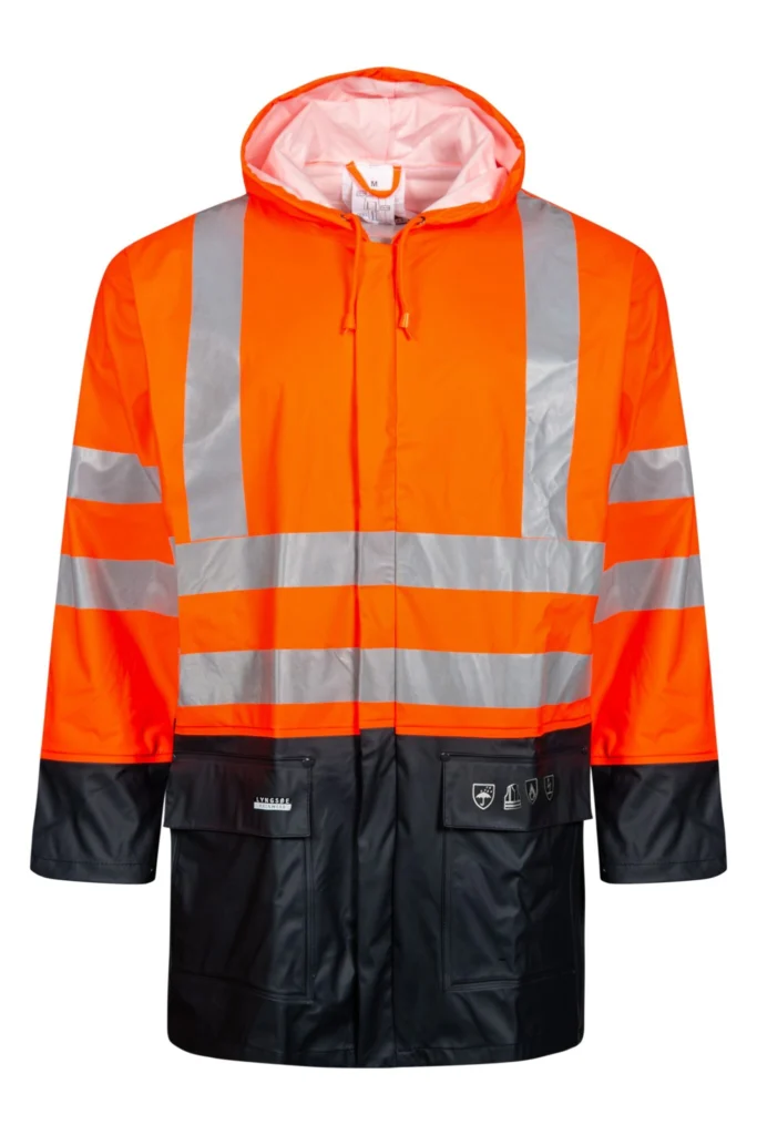 Brandhæmmende Hi-Vis regnjakke i PU kvalitet