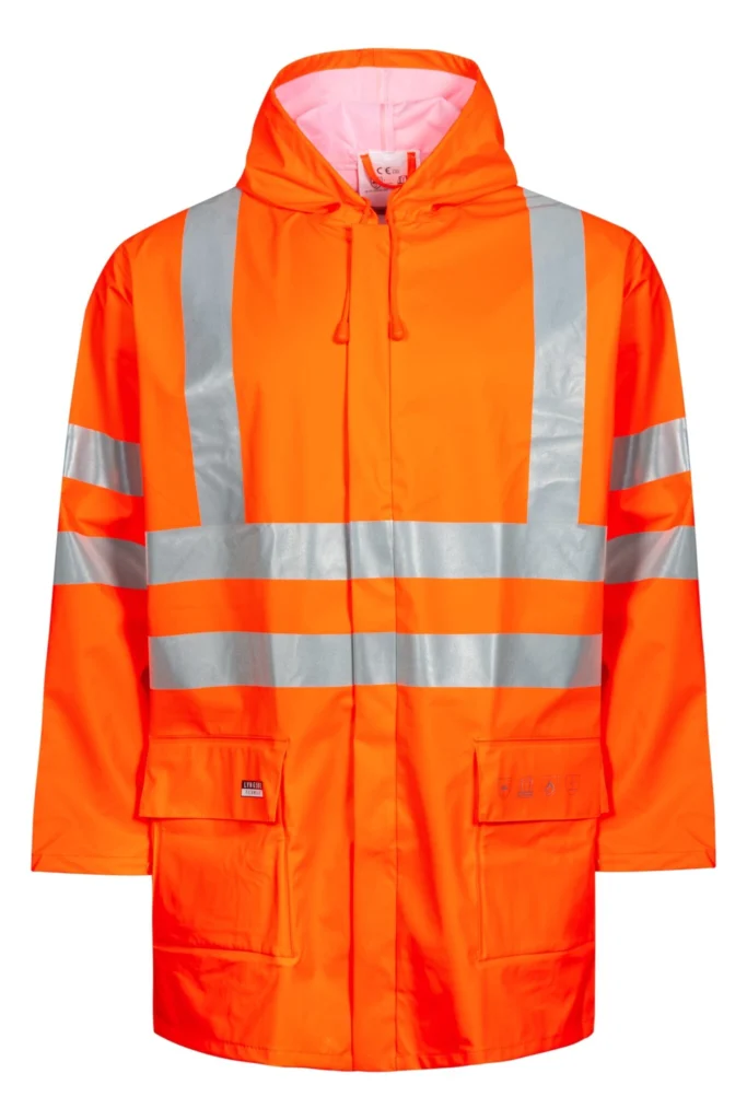 Brandhæmmende Hi-Vis regnjakke i PU kvalitet