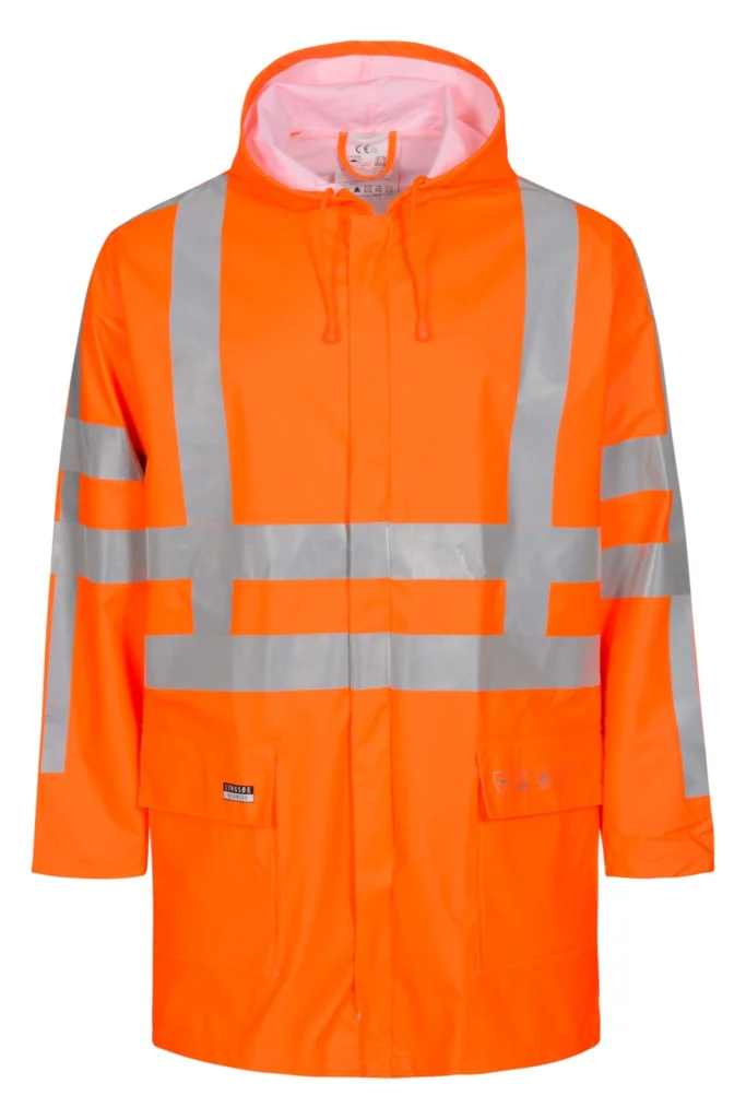 Brandhæmmende Hi-Vis regnjakke i PU kvalitet med RWS-reflekser