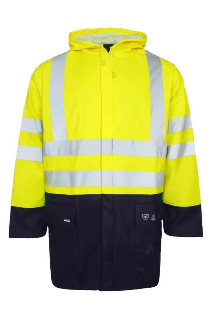 Brandhæmmende Hi-Vis regnjakke i kraftig PU kvalitet