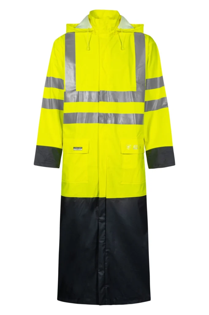 Brandhæmmende Hi-Vis regnjakke i PU kvalitet, 135 cm lang