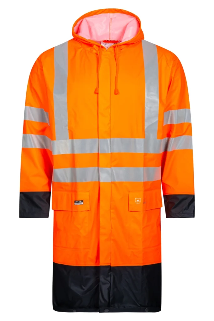 Hi-Vis regnjakke i PU kvalitet, 100 cm lang