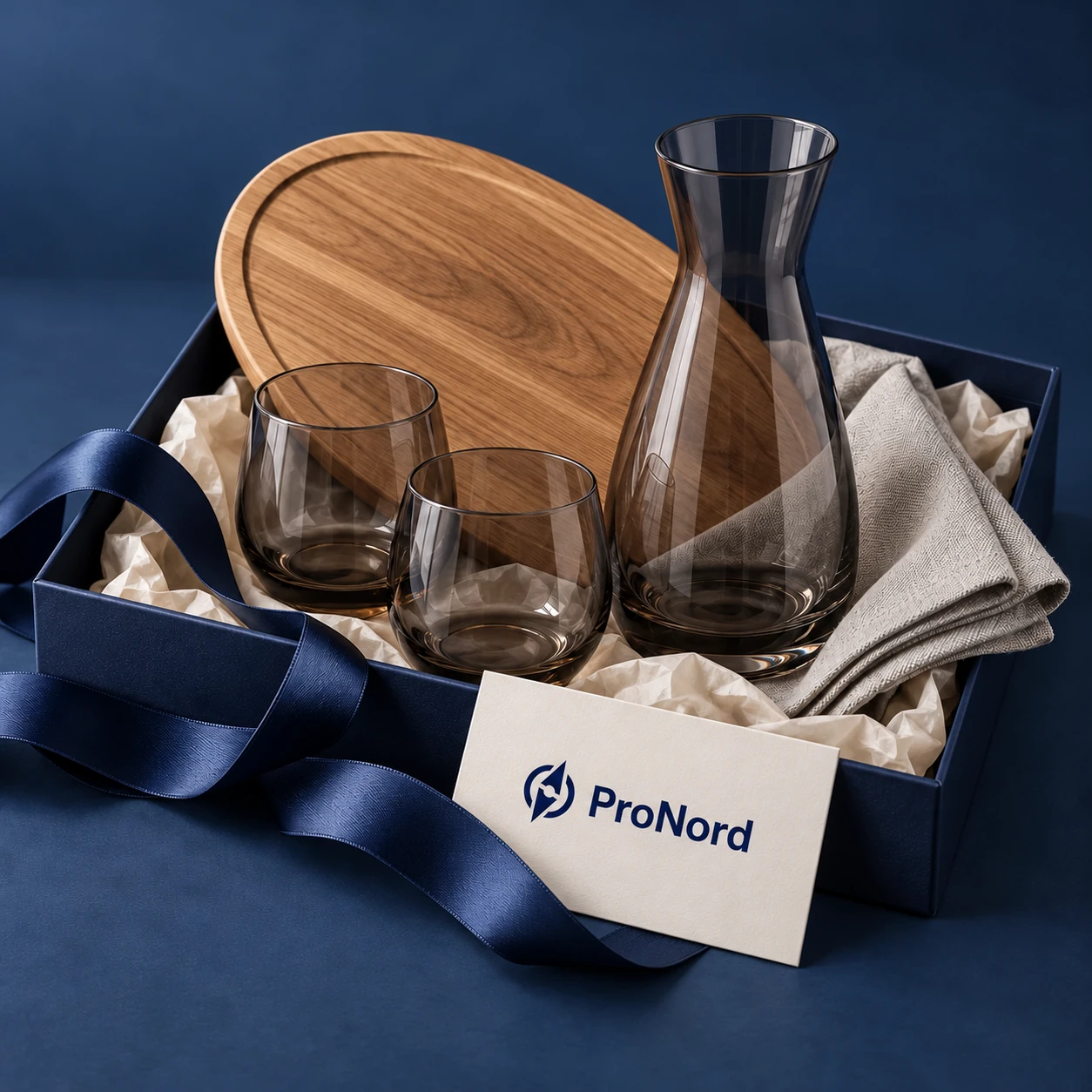 Serveringsbræt i eg, røgfarvet karaffel og glas samt et kort med ProNord-logo i en blå gaveæske