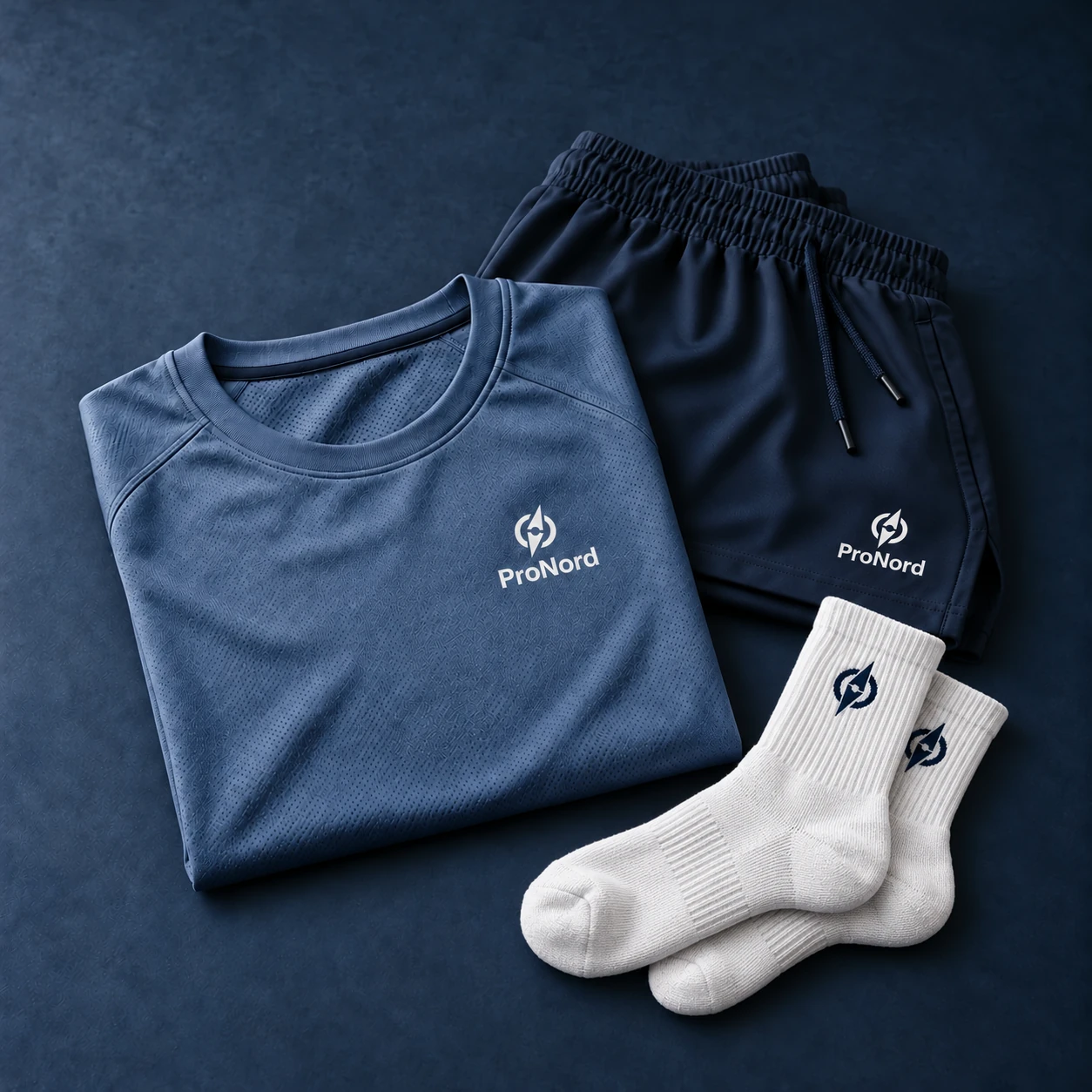 Blå trænings-T-shirt, marineblå shorts og hvide sportssokker med ProNord-logo